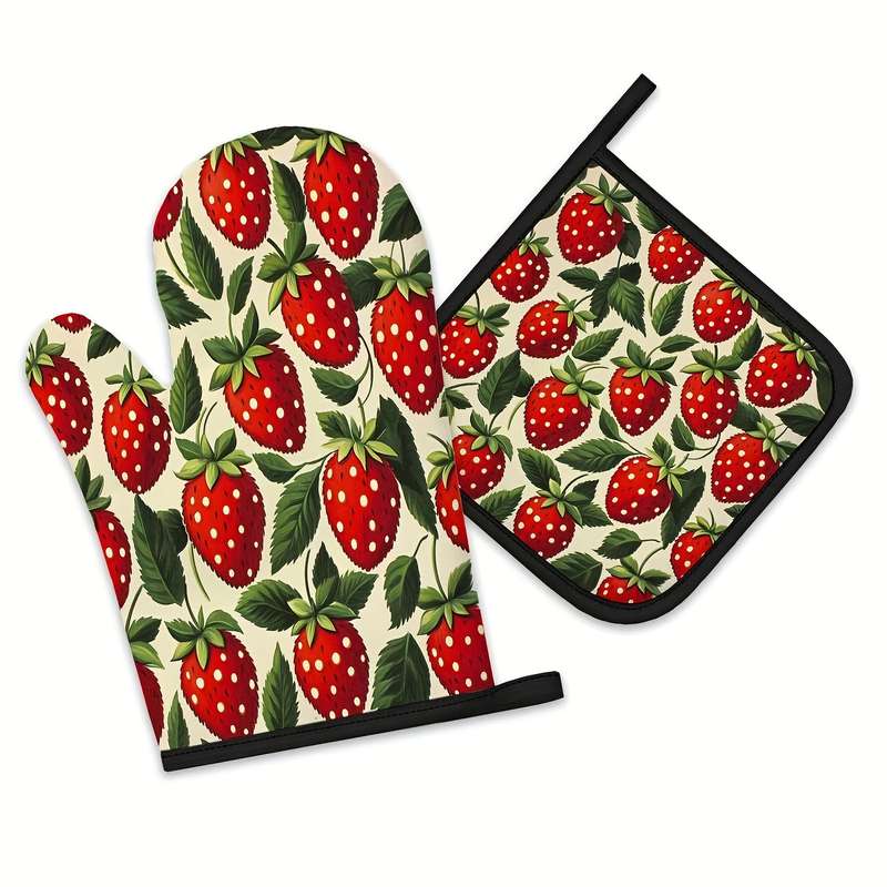 2pcs Vintage Strawberry Kitchen Mitts Pot Holders Set Heat Resistant Microwave Gloves Pa