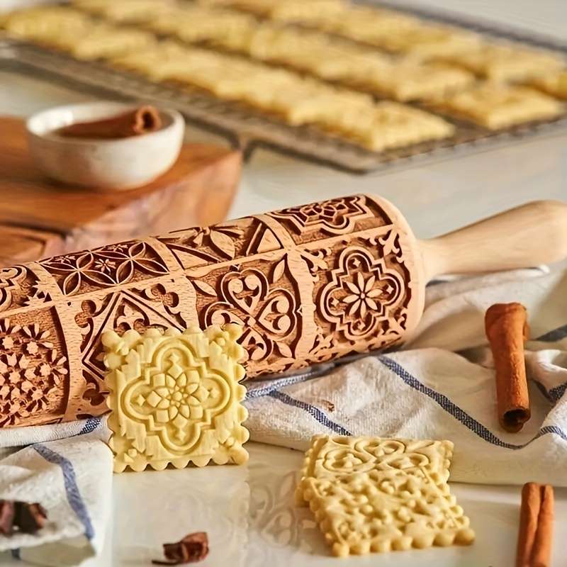 1pc Wooden Embossing Rolling Pin 13.77"x1.77" Christmas Halloween Printed for Pizza Pies