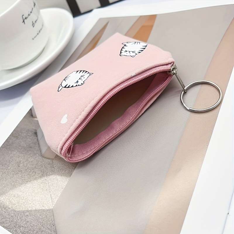 1pc Cute Cat Print Canvas Coin Pouch Portable Fashionable Zipper Wallet with Whimsical Blue