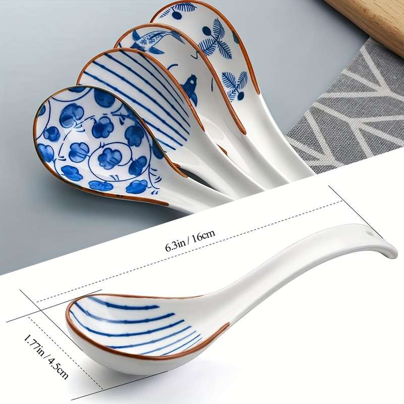 4pcs Blue White Ceramic Asian Soup Spoons 16.0cm Round with Elegant Floral Butterfly Desig