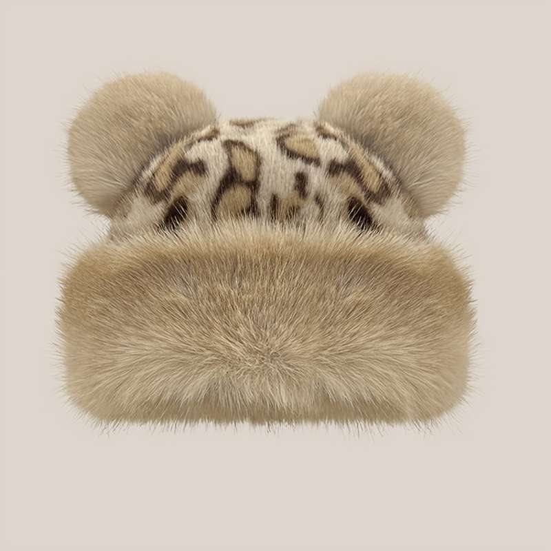 1pc Thick Breathable Faux Fur Leopard Print Beanie with Bear Ears Chic Plush Hat for Women St