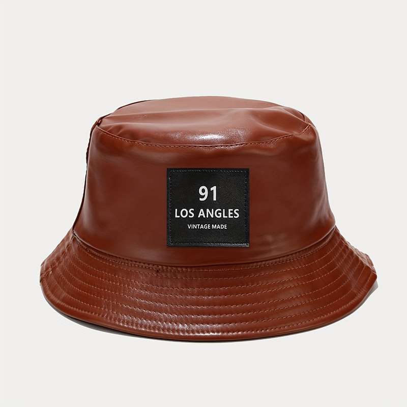 1pc 91 LOS ANGELES VINTAGE MADE Label PU Bucket Hat Breathable Sun Hat for Outdoor Sports V