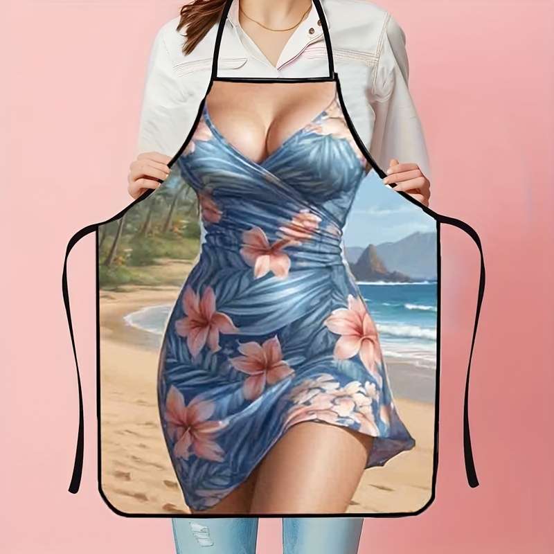 1pc Stylish Tropical Floral Apron Vibrant Blue Pink Flower Design Polyester Woven Fabric