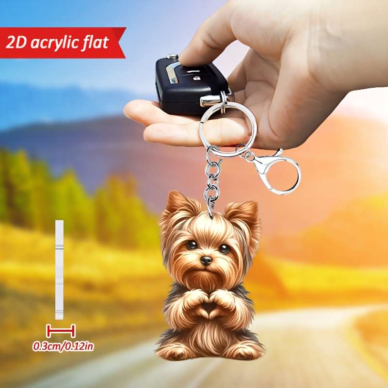 1pc 2D Flat   Cute Yorkshire Terrier Love Heart Pattern Keychain Novel Acrylic Design Key Chain