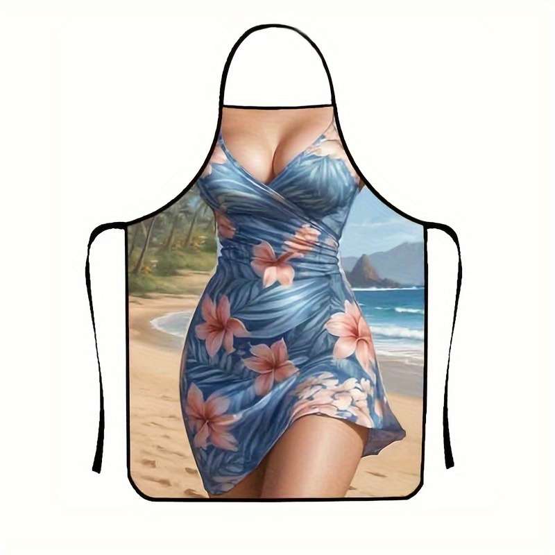 1pc Stylish Tropical Floral Apron Vibrant Blue Pink Flower Design Polyester Woven Fabric