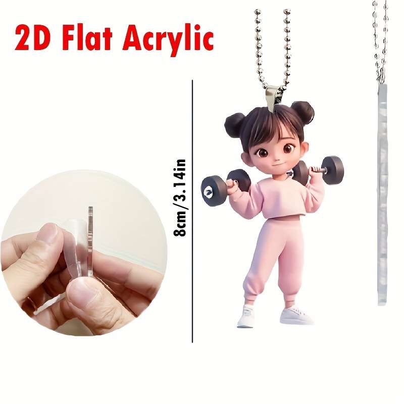 1pc 2D Flat  Acrylic Girl Lifting Dumbbells Pendant Boho Fitness Charm for Car Rearview Mirror B