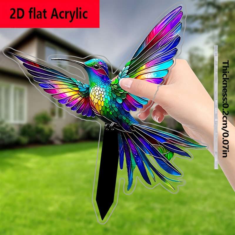 1pc 2D Flat  Acrylic Hummingbird Garden Decoration Vibrant Rainbow Feathers Classic Style No Bat
