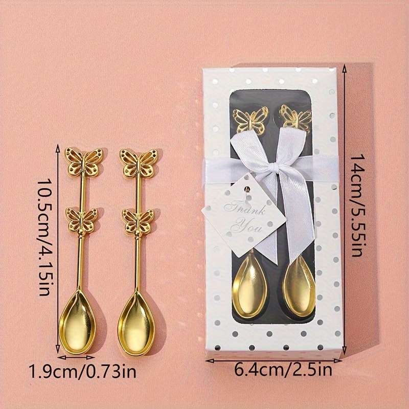 2pcs Golden Butterfly Dessert Coffee Spoons Elegant Metal Stirring Spoons with Polka Dot Gi