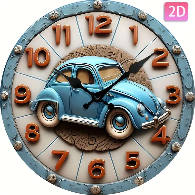 1pc Fashionable And Creative Wooden Surface Wall Clock With A Cute Vintage Car Design Naked Eye 3D E