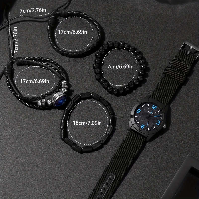 5pcs set Vintage Men'S Quartz Wristwatch Set Round Dial Alloy Case Canvas Strap PU Woven Rope Wooden