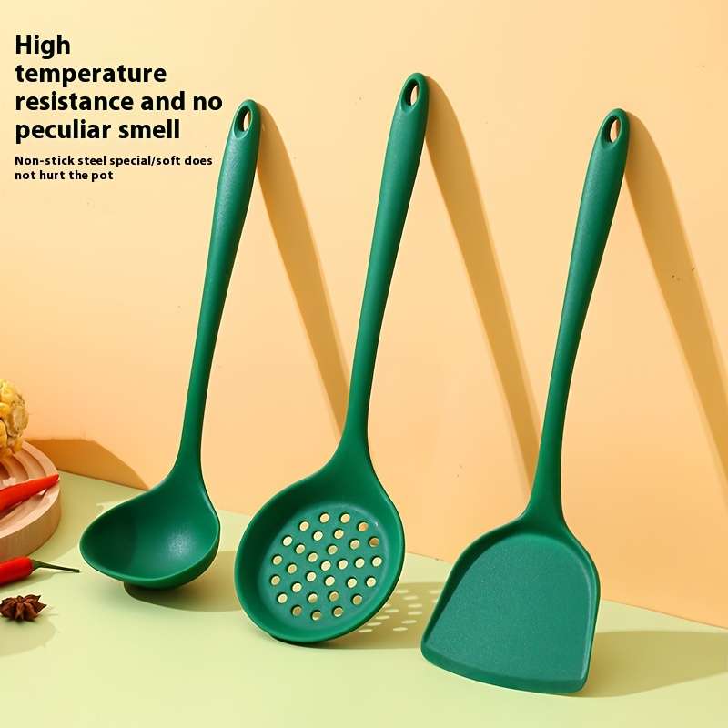 3pcs dark green silicone kitchenware set silicone spatula spoon slotted spoon heat resista