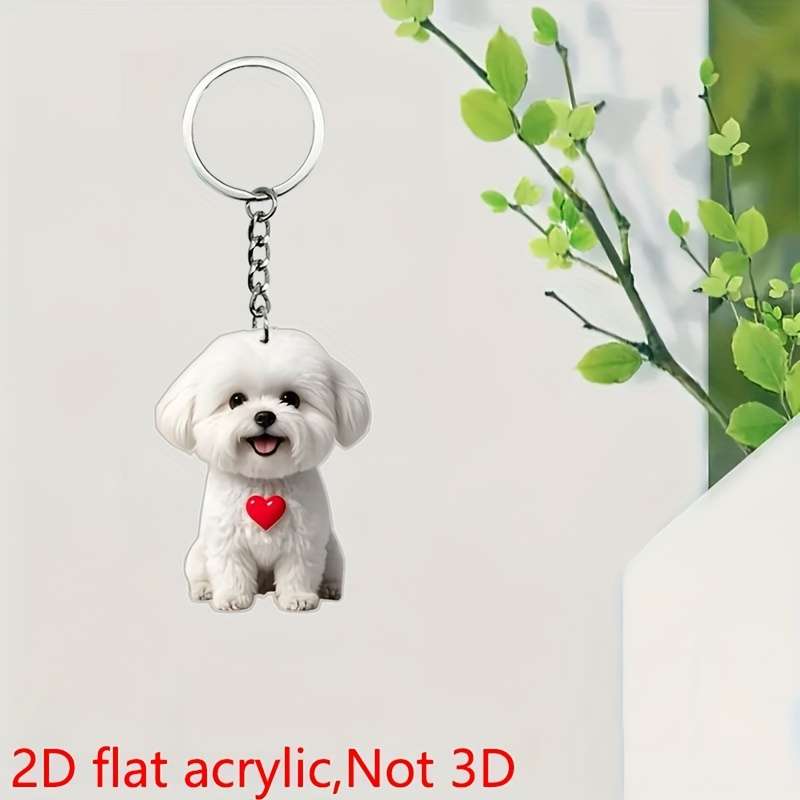 1pc 2D Flat    Cute White Dog Acrylic Keychain with Heart Charm Flat Keychain Perfect Gift