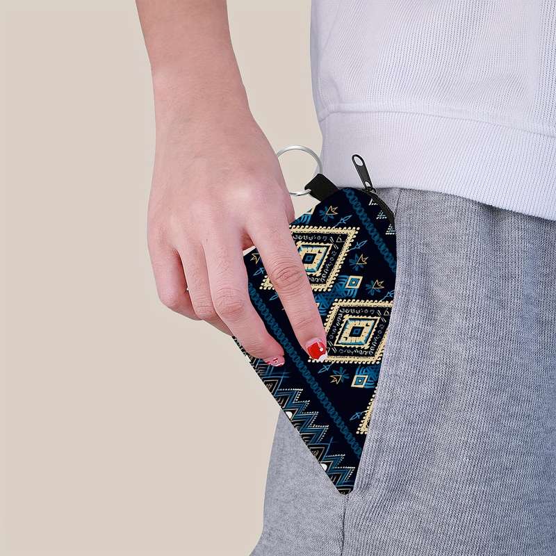 1pc SWEET Aztec Pattern Compact Purse Blue Black Geometric Design Zippered Small Wallet wi