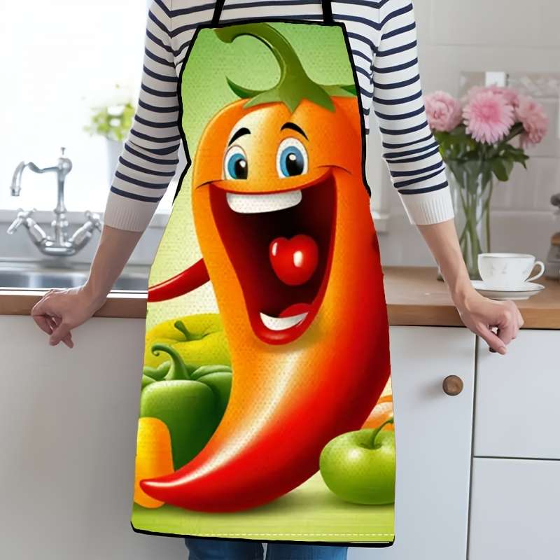 1pc Cute Chili Pepper Print Apron Durable Polyester Fabric Unisex Kitchen Apron for BBQ Baki