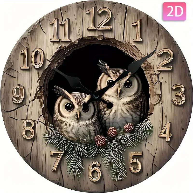 1pc Chic Silent Owl Wall Clock Round Wooden Decorative Timepiece for Living Room Bedroom Office Batt