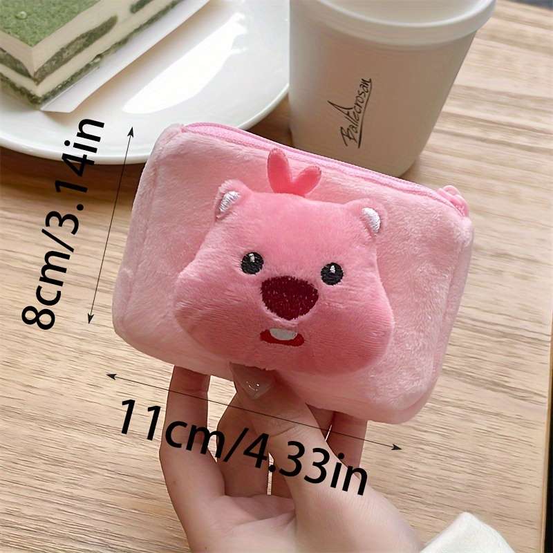 1pc Adorable Pink Beaver Coin Purse Lightweight Cartoon-Style Key Card Holder with Zipper Pock