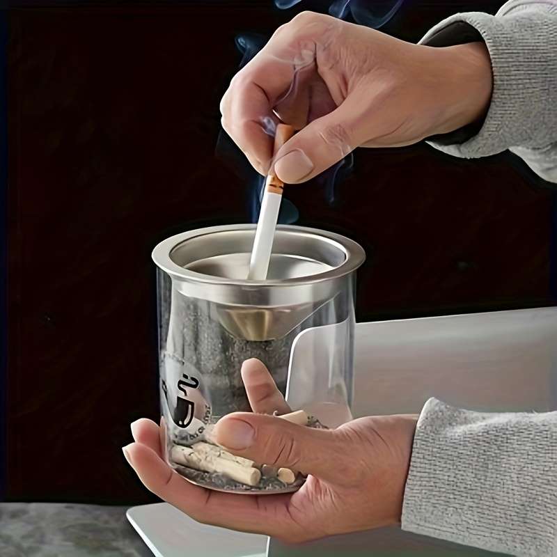 1pc Vintage Round Glass Ashtray with Lid Stainless Steel Funnel Creative Office Home Ashtray