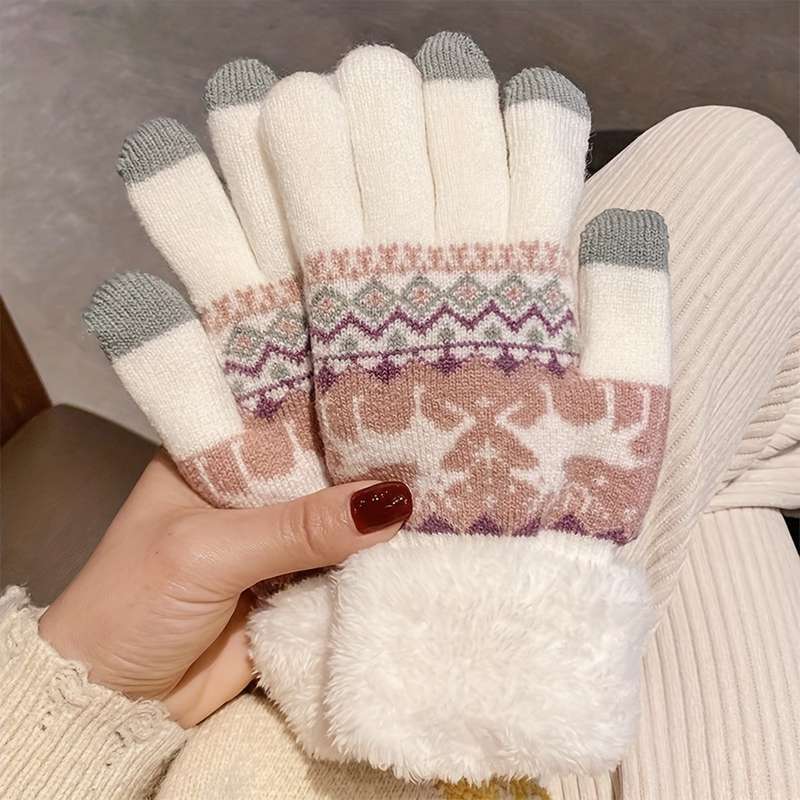 1 Pair Double Layer Plus Velvet Thickened Fawn White Warm Gloves