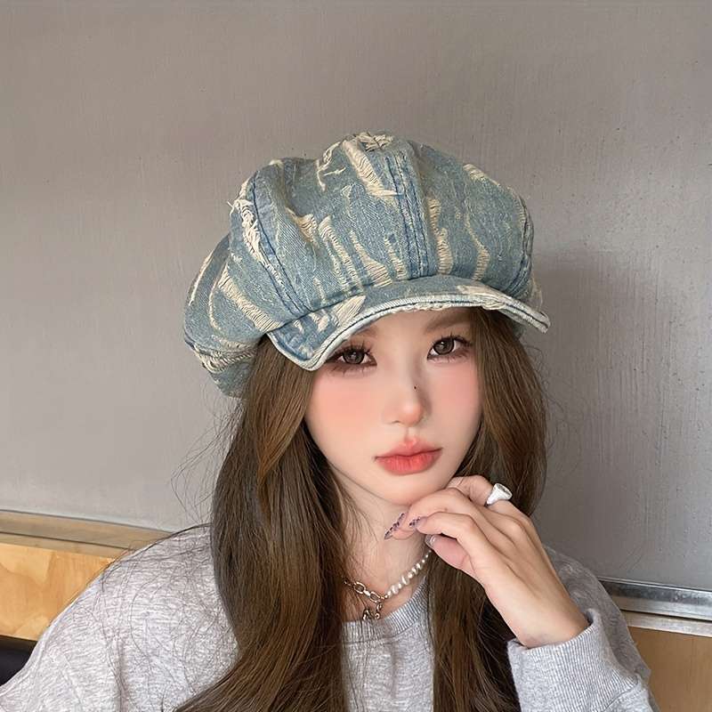 1pc Vintage Distressed Cloud Pattern Beret Hat Acrylic Lightweight Painter Cap with Stripe Cra