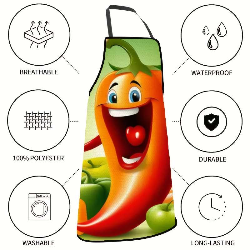 1pc Cute Chili Pepper Print Apron Durable Polyester Fabric Unisex Kitchen Apron for BBQ Baki