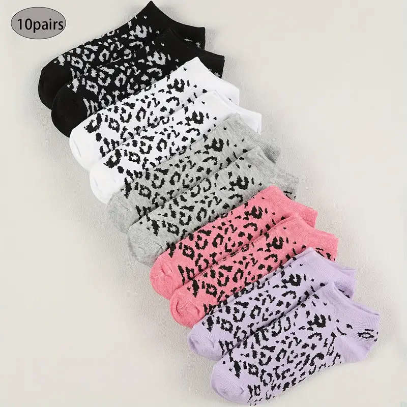 10pcs Women's Leopard Print Ankle Socks Multicolor Sweat-Wicking Casual Sporty Style Soft Polyester