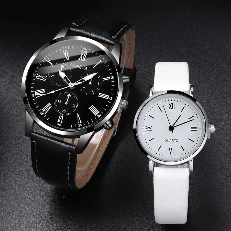 4pcs set Men's and Women's Couple Quartz Watch Set with Magnetic Black and White Love Necklace Simpl