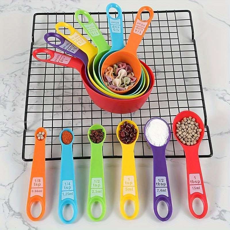 12-Piece Set Assorted Colors Plastic Measuring Cups and Spoons for Flour Milk Powder Coff