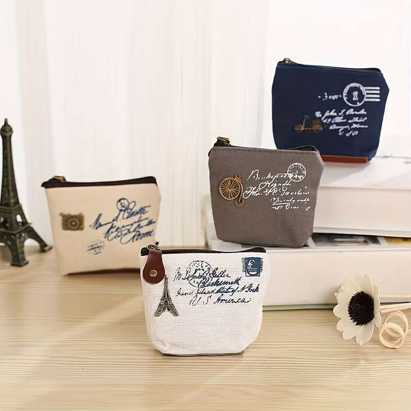 1pc Four Classic Nostalgic Women's Coin Purse Options Retro Style Canvas Coin Bags Key Cases Zip