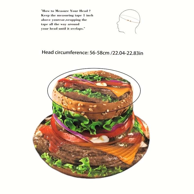 1pc 1pc Novelty Burger Pattern Bucket Hat Cartoon Y2K Style Fisherman Cap Reversible Casual Outd