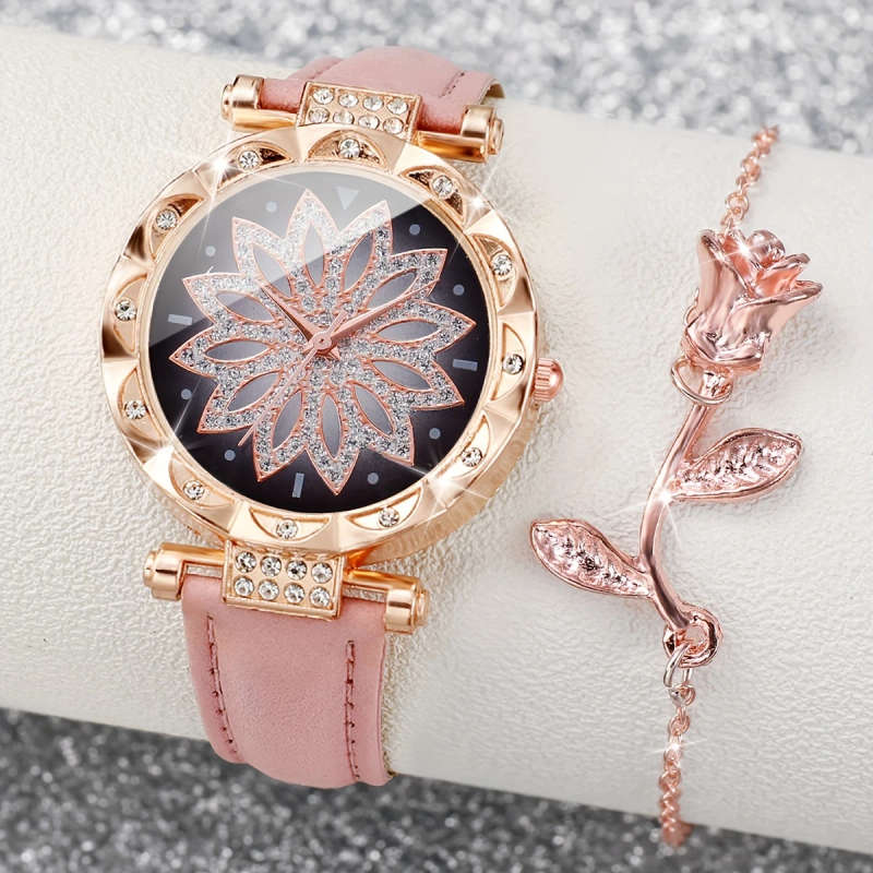 2pcs Set Women's Fashionable Simple Flower Petal Quartz Watch With Bracelet Set Includes Watchband A