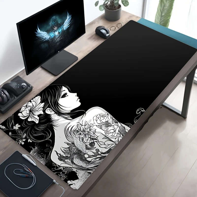1pc 30x80cm Japanese-Inspired Floral Tattoo Girl Mouse Pad Non-Slip Waterproof Washable Desk Mat