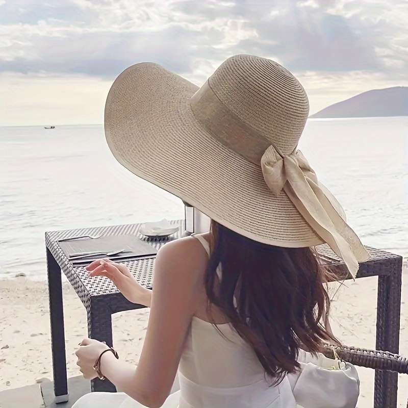 1pc Women's Extra Large Brim Summer Hat Foldable Anti-UV Protection Beach Hat With Ribbon Bow