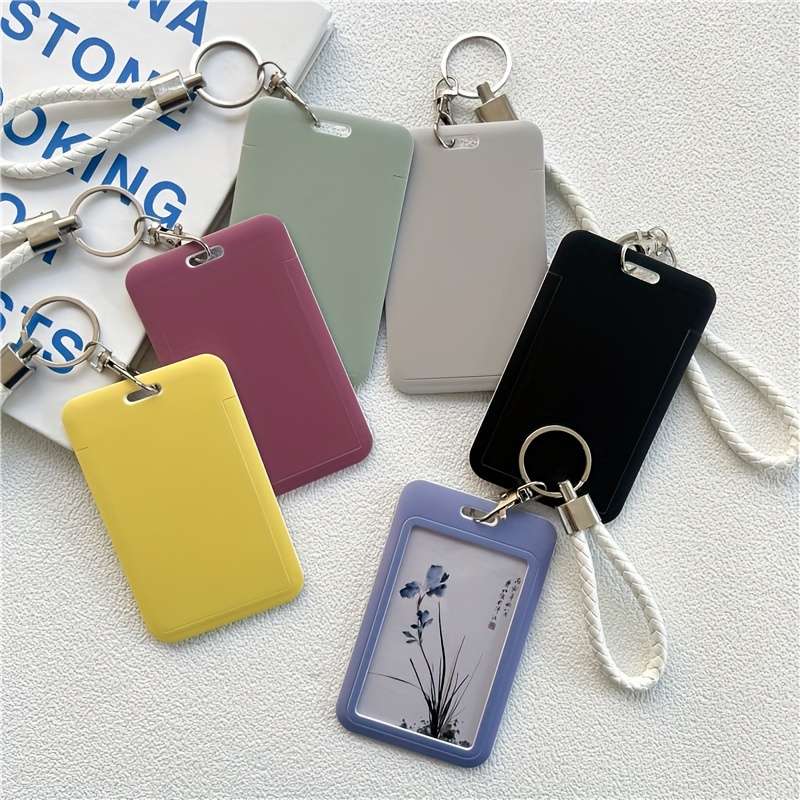 1pc Fashionable Macaron Solid Color Plastic Commuter Card Case with Keychain Hand Washable Non-D