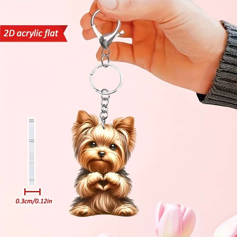 1pc 2D Flat   Cute Yorkshire Terrier Love Heart Pattern Keychain Novel Acrylic Design Key Chain