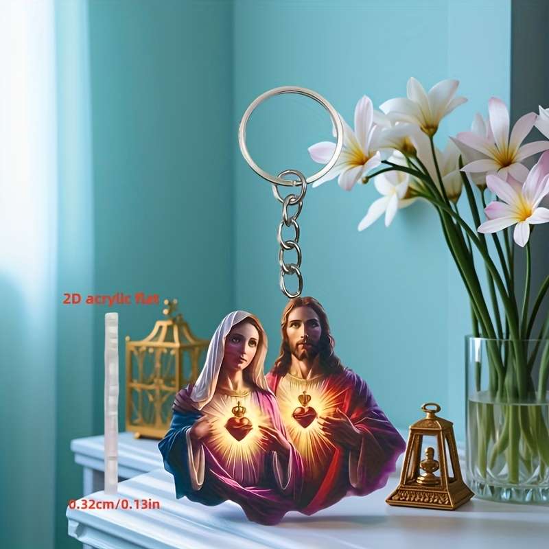 1pc 2D Flat    Acrylic Holy Family Keychain Vibrant Sacred Heart Design Durable Flat