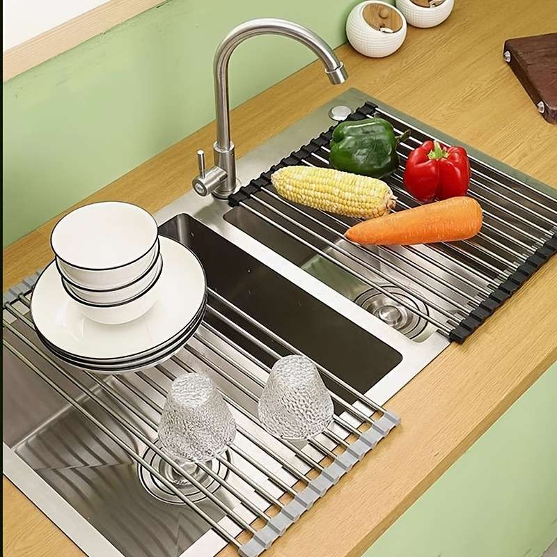 1pc Stainless Steel Foldable Kitchen Sink Drain Rack Food Safe Space Saving Strainer And Dis