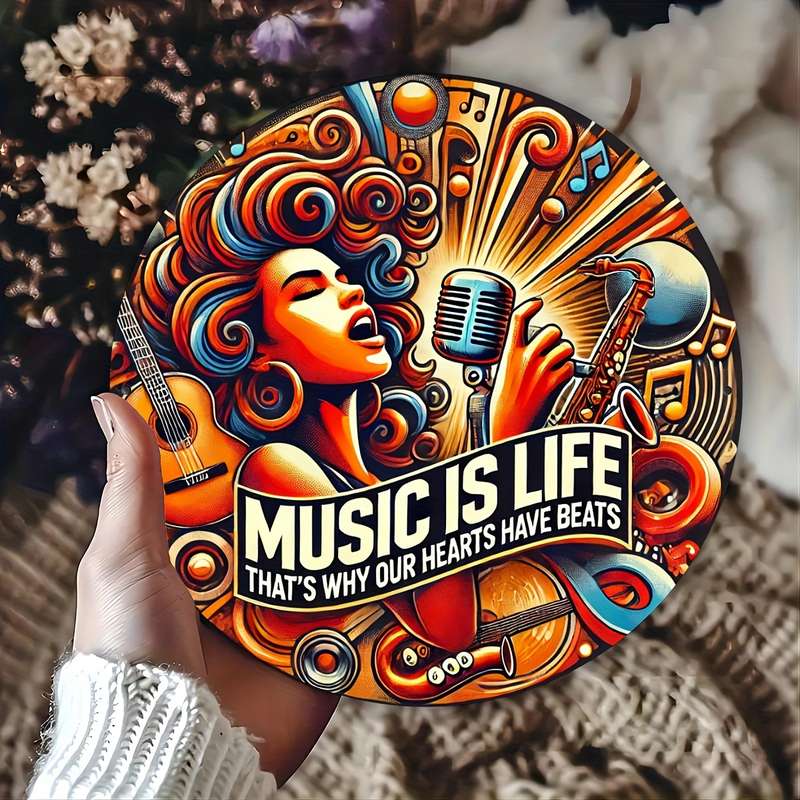 1pc  Vintage Music Is Life Round Aluminum Wall Art Sign 20.32x20.32cm Durable Easy-to-Hang