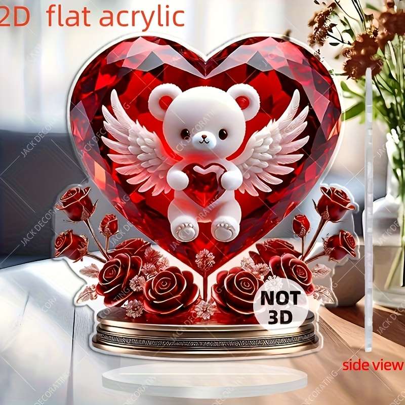 1pc 2D Flat  Charming Crystal Bear Heart Decoration  Desktop Decor Suitable for Home and Valen