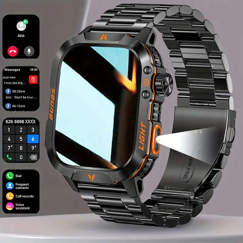 Stylish Square Men'S Outdoor Sports Smart Watch Wireless Call Flashlight AI Voice Assistant Sports