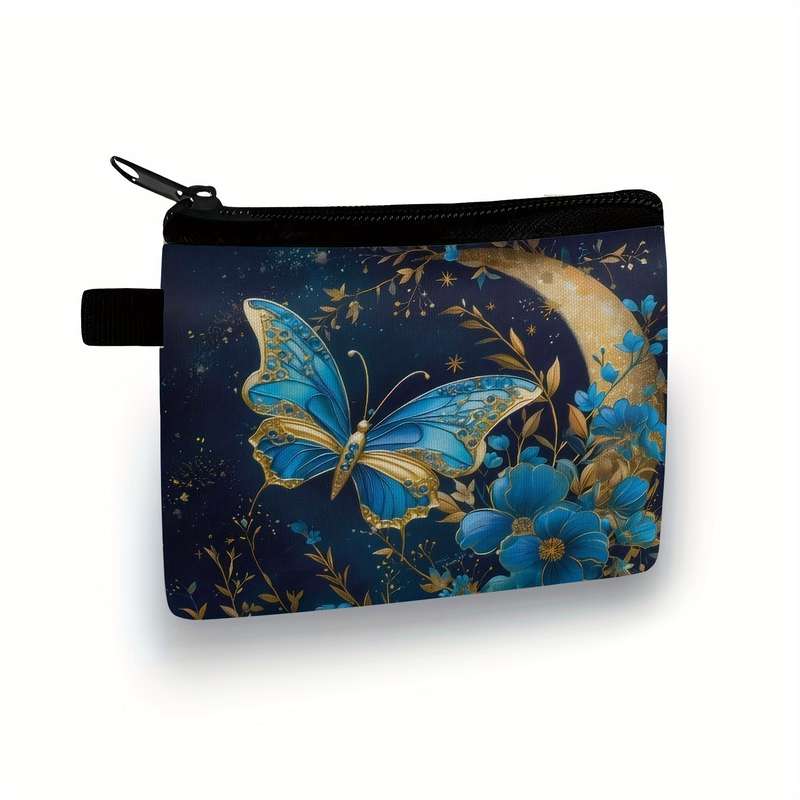 1pc Elegant Butterfly Floral Print Compact Purse for Girls Casual Polyester Coin Key Card Ho
