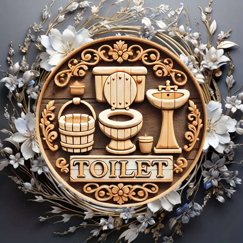 1pc Rustic Wooden Toilet Sign, 20.32x20.32 cm Round Wall Decor Bathroom Wall Art Wooden Wall Hanging