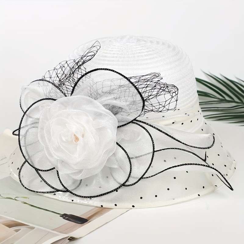 1pc Women's Wide Brim Floral Organza Sun Hat Beige with Black Mesh Flower Veil Breathable UV P