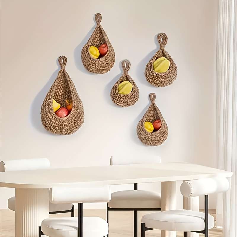 3pcs set of bohemian rope net wall hanging baskets linen hooks for storing fruits and vegetabl
