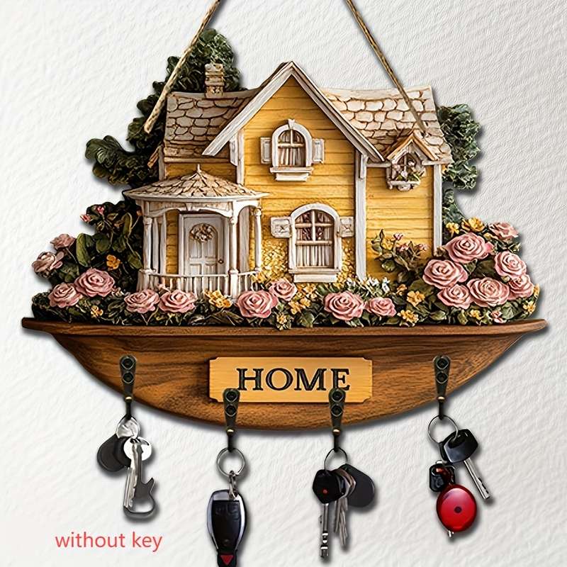 1pc charming flower and house wooden key hanger key storage with hooks four-season multifunctiona