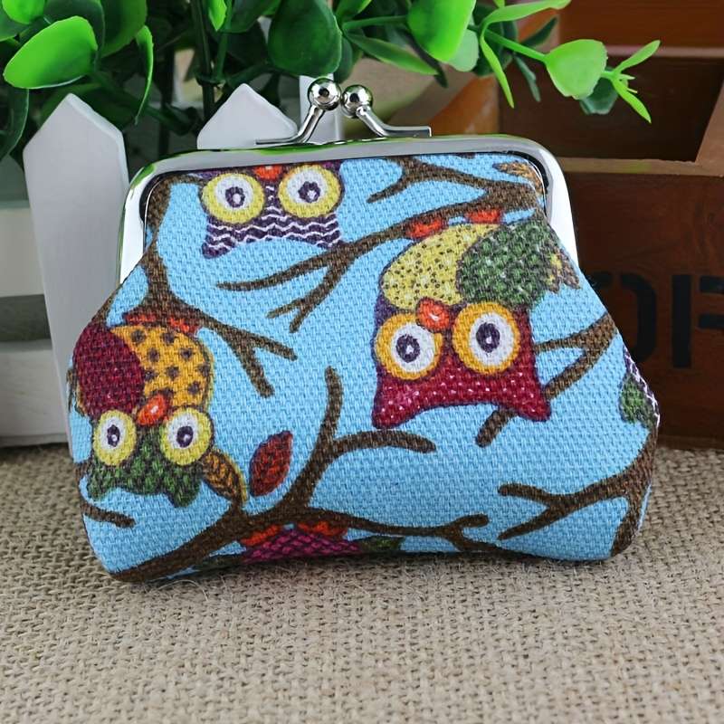 1pc Adorable Small Coin Purse Women's Canvas Owl Cartoon Coin Bag