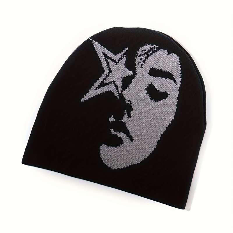 1pc Star Face Jacquard Knit Beanie for Women and Men Acrylic Stretchy Skull Cap Lightweight Unise