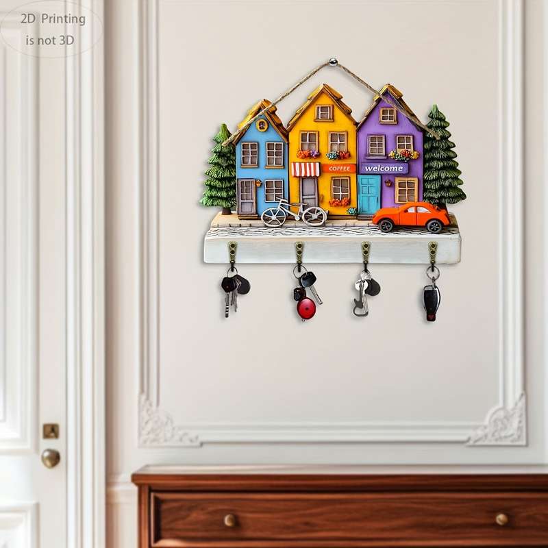 2D Flat 2D flat 1pc Warm Town CafeWooden multifunctional home key hanger (29.97cm x 22.86cm) w