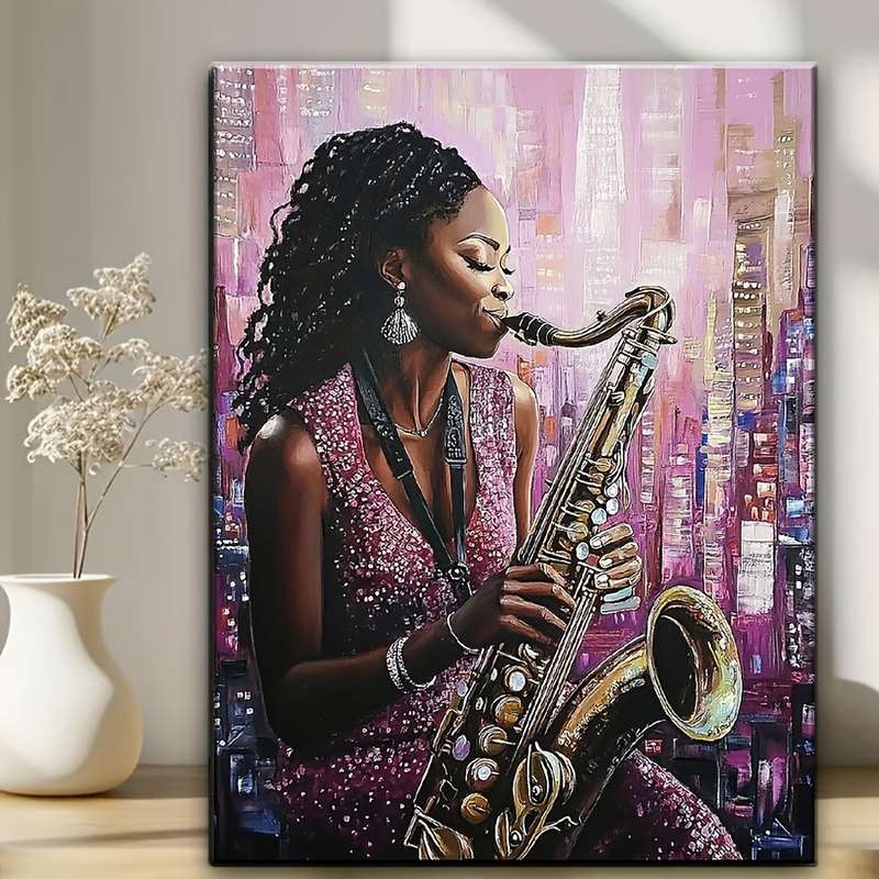 1pc Vibrant African American Saxophonist Jazz Art Print Modern Music Theme HD Poster with Urban B