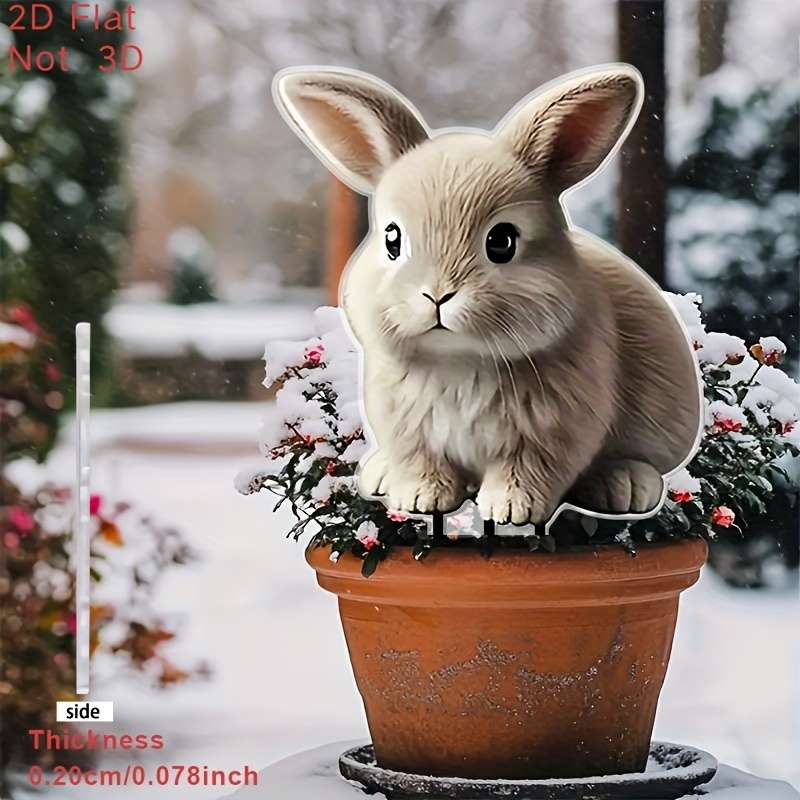 1pc 2D Flat   Charming Acrylic Rabbit Garden Stake Adorable Light Brown Bunny with Green Eyes