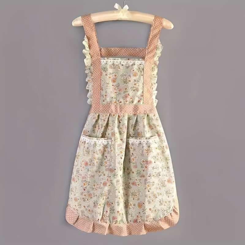 1pc Elegant Floral Print Apron for Women Double-Pocket Design with Ruffled Details Perfect f